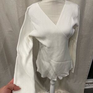 White Ribbed Wrap Sweater